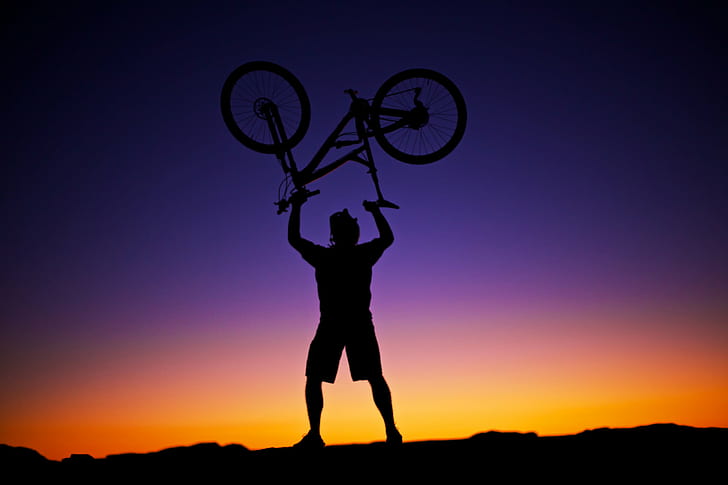 silhouette of man carrying mountain bike during sunset, BIker, Portrait, silhouette, man, mountain bike, sunset  utah, mountain  biking, moab, colors, extreme  sports, 29er, yeti, inch, wheels, epic, self  portrait, cool, canon  eos  5d  mark  iii, f1.4, zach, sunset, sport, back Lit, people, outdoors, sky, exercising, dusk, HD wallpaper