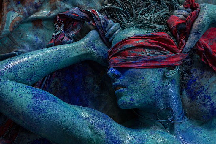 женщины, краска для тела, с завязанными глазами, пирсинг, HD обои