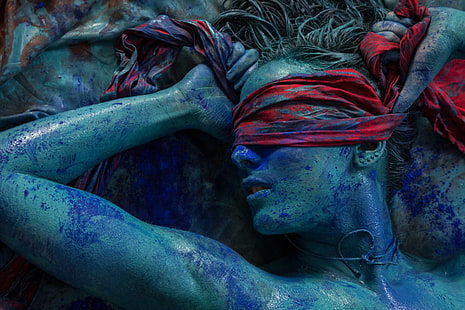 women, body paint, blindfold, piercing, HD wallpaper HD wallpaper