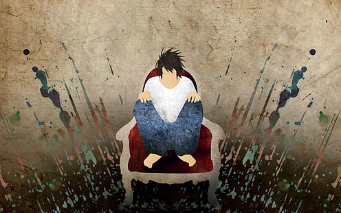 Person sitzt auf Sofa Stuhl Illustration, Todesanzeige, l Lawliet, l, Detektiv, HD-Hintergrundbild HD wallpaper