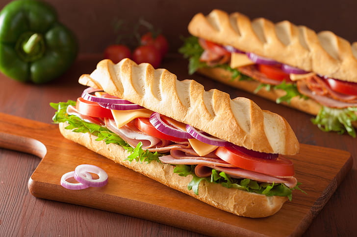 food, baguette, ham, tomatoes, salad, cheese, bell peppers, onion rings, lettuce, HD wallpaper