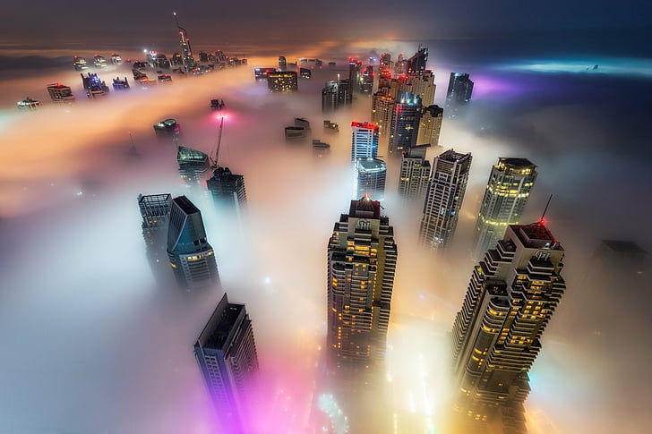 都市、ドバイ、空撮、建物、霧、光、夜、高層ビル、アラブ首長国連邦、 HDデスクトップの壁紙