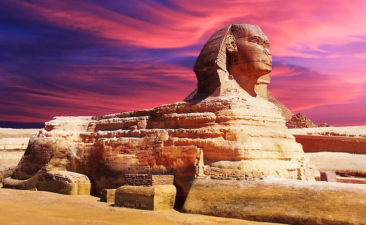 architecture, clouds, egypt, landmark, sculpture, sky, sphinx, sunset, HD wallpaper
