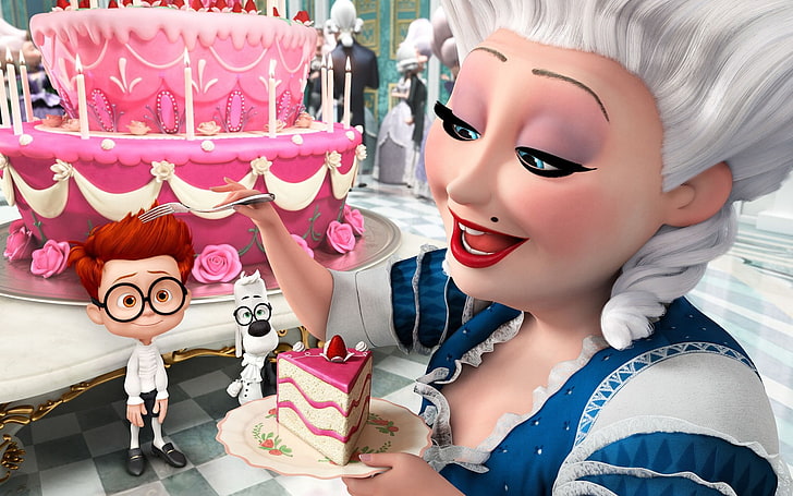 Мистер Пибоди и Шерман 2014 фильм HD Wallpaper 05, седовласая женщина, держащая торт анимационный фильм еще скриншот, HD обои