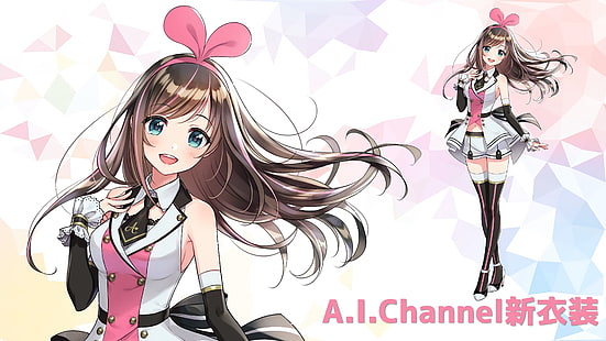 anime, anime Mädchen, weiße Haut, Ai-Chan, virtuelle Youtuber, weißer Hintergrund, brünett, Fan-Art, blaue Augen, rosa, Kizuna Ai, HD-Hintergrundbild HD wallpaper