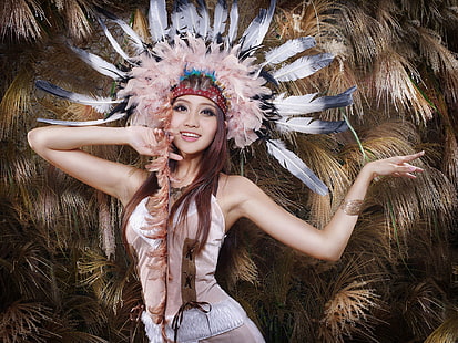 Hermosa niña, asiática, sombrero de plumas, tocado de plumas blancas y grises de las mujeres, Hermosa, Chica, Asia, Plumas, Sombrero, Fondo de pantalla HD HD wallpaper