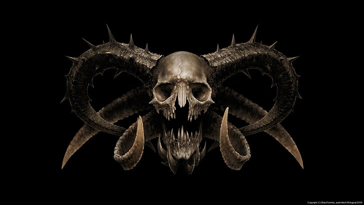 dark, skull, horns, sharp teeth, creature, Fantasy, HD wallpaper