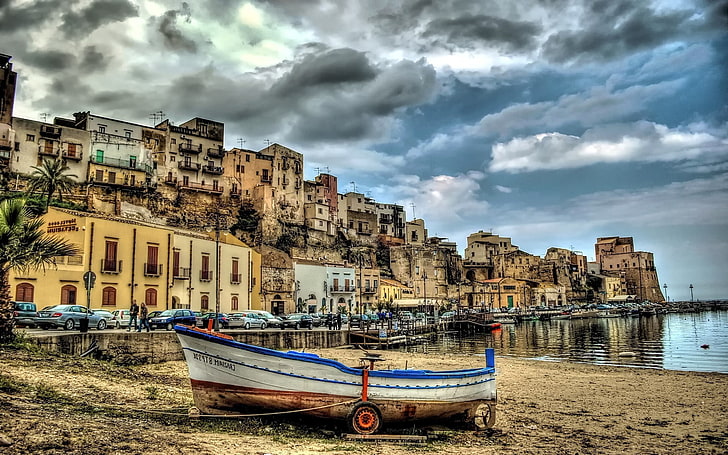 boat, Castellammare Del Golfo, Coast, hdr, Italy, nature, Panoramas, sea, HD wallpaper