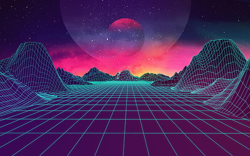 terrain grid illustration, Mountains, Music, Stars, Neon, Space, Background, Electronic, Synthpop, Darkwave, Synth, Retrowave, Synth-pop, Synthwave, Synth pop, JohnLeePee, HD wallpaper HD wallpaper