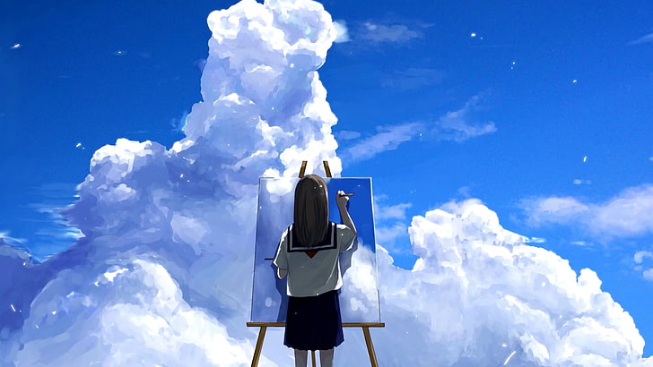 drawing, anime art, anime girl, paint, painting, sky, cloud, HD wallpaper