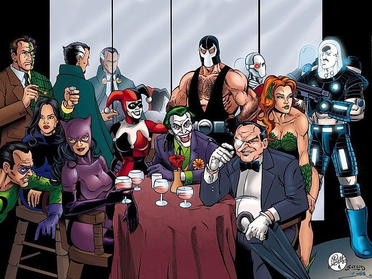 Джокер и Харли Куинн цифровые обои, Бэтмен, Харли Куинн, Джокер, Пингвин (DC Comics), Ядовитый плющ, Двуликий, HD обои