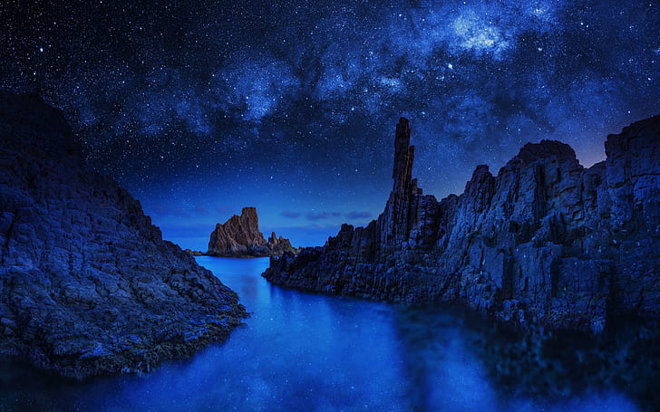 Blue Monolith, rocks, stars, sea, night, Blue, Monolith, Rocks, Stars, Sea, Night, HD wallpaper