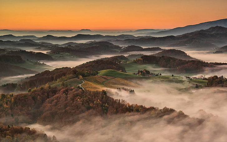nature, landscape, mist, mountains, forest, village, road, field, fall, Slovenia, HD wallpaper