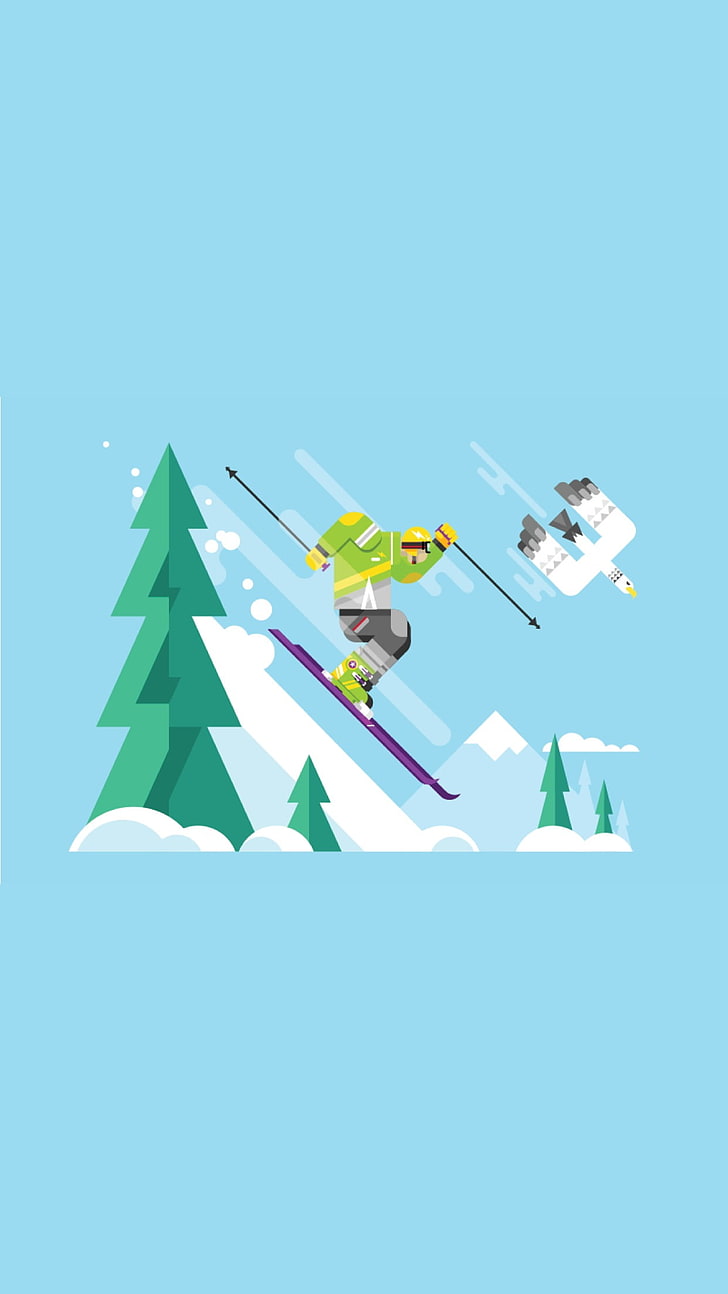 ski es orang dekat ilustrasi pohon dan burung terbang, ski, minimalis, Wallpaper HD, wallpaper seluler