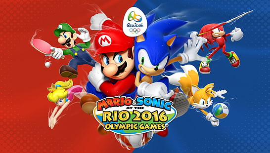 video games, artwork, mario and sonic at the rio  2016 olympic games, Knuckles, Sonic, Sonic the Hedgehog, Super Mario, Tails (character), Luigi, Princess Peach, Peach, HD wallpaper HD wallpaper