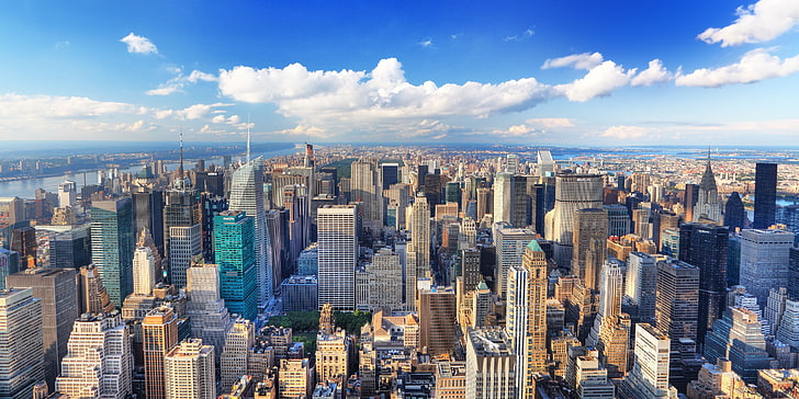 белое бетонное здание, Манхэттен, лето, здание, нью йорк, HD обои