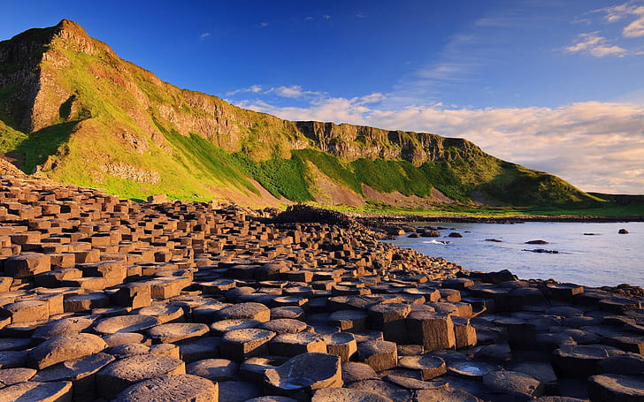 nature, landscape, water, sea, Giant's Causeway, Ireland, stones, rock formation, mountains, clouds, HD wallpaper
