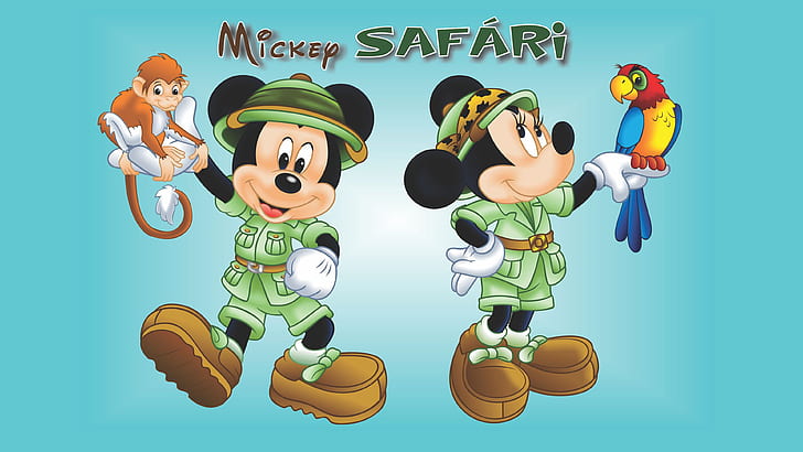 Myszka Miki i Minnie ze zwierzakiem i papugą Cartoon Safari tapeta na pulpit Hd do telefonów komórkowych i laptopów 3840 × 2160, Tapety HD