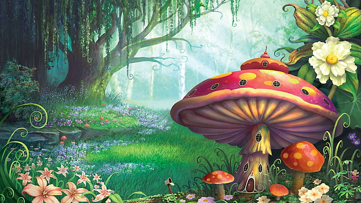 красный грибной дом цифровые обои, фэнтези, лес, HD обои