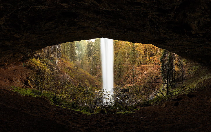 chutes d'eau avec grotte, cascade, forêt, grotte, Fond d'écran HD