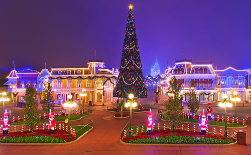 Silent Night Christmas, Christmas tree painting, Holidays, Christmas, Night, christmas tree, silent, Disneyland, Main Street, Wallpaper HD HD wallpaper