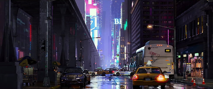 yellow taxi, cityscape, artwork, HD wallpaper