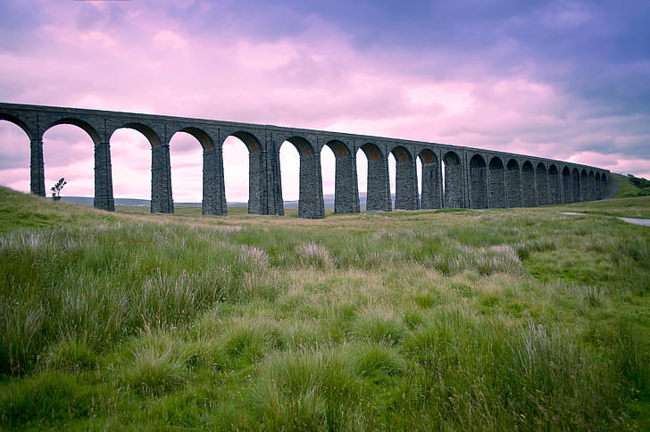 ทางรถไฟสีเทาที่ล้อมรอบด้วยหญ้าภายใต้ท้องฟ้าสีเทาในเวลากลางวันสะพาน Ribblehead Viaduct ทางรถไฟหญ้ากลางวัน Yorkshire สำรวจสำรวจพระอาทิตย์ขึ้น, วอลล์เปเปอร์ HD