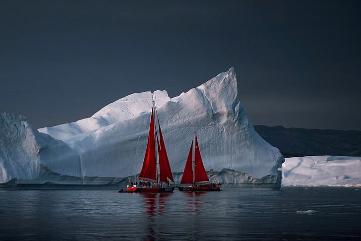 sea, yachts, ice, icebergs, scarlet sails, Greenland, HD wallpaper
