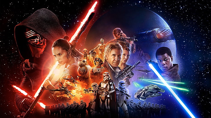 Kylo Ren, Chewbacca, C-3PO, movie poster, R2-D2, Star Wars, lightsaber, Rey, BB-8, stormtrooper, Star Wars: The Force Awakens, Han Solo, Poe Dameron, Captain Phasma, HD wallpaper
