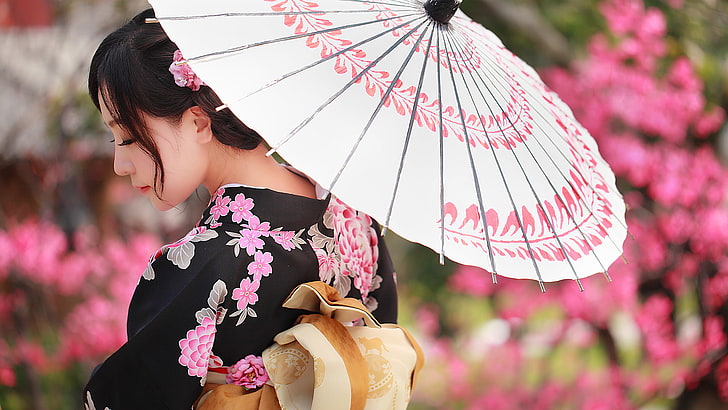 women, model, photography, Asian, kimono, Flower Dress, parasol, brunette, closed eyes, flower in hair, geisha, HD wallpaper