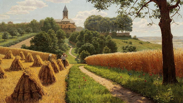 brown wheat fields, digital art, painting, nature, path, dirt road, haystacks, HD wallpaper