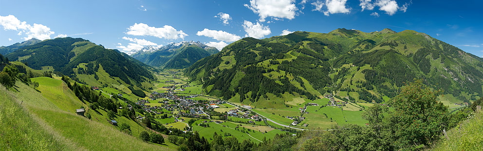Avusturya Alpleri, dağlar, ağaçlar, köy, evler, üstten görünüm, yeşil dağ panoramik fotoğraf, Avusturya, Alpler, Dağlar, ağaçlar, köy, evler, üst, görünüm, HD masaüstü duvar kağıdı HD wallpaper