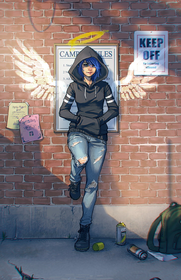 женский персонаж аниме, опираясь на коричневой кирпичной стены иллюстрации, женщина в сером балахоне, прислонившись к стене иллюстрации, женщины, рисунок, капюшоны, ангел, рваные джинсы, граффити, HD обои, телефон обои