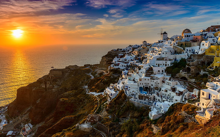 Santorini Island In Greece Aegean Sea Sunset Desktop Wallpaper Hd For Mobile Phones And Laptops 5200×3250, HD wallpaper