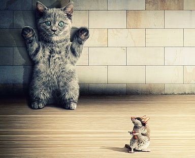 grey cat and brown mouse, humor, cat, artwork, mice, HD wallpaper HD wallpaper