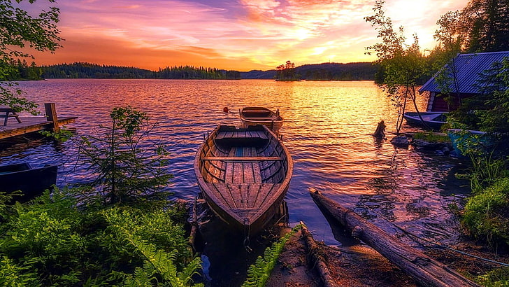 lago, tramonto, barca, lago, corso d'acqua, cielo arancione, acqua, natura, tramonto, paesaggio, stupendo, cielo, sera, banca, pianta, Sfondo HD