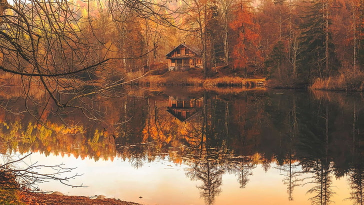 autumn, beautiful, cabin, cottage, country, fall, forest, hdr, home, house, italy, lake, landscape, nature, outdoors, reflections, rural, trees, water, woods, HD wallpaper