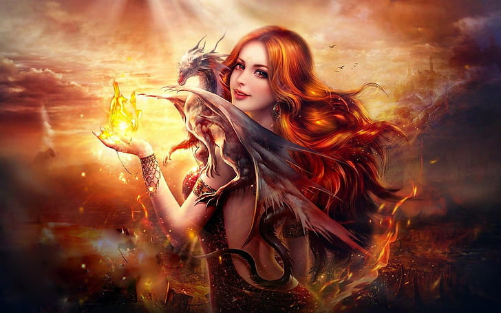 Beautiful fantasy girl, red haired, smile, dragon, fire, Beautiful, Fantasy, Girl, Red, Haired, Smile, Dragon, Fire, HD wallpaper