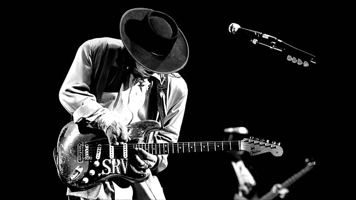 полутоновое фото музыканта, Стиви Рэй Воан, музыка, гитара, музыкант, блюз рок, монохромный, HD обои