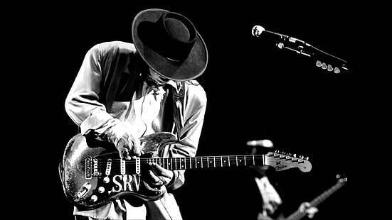 Foto en escala de grises del músico, Stevie Ray Vaughan, música, guitarra, músico, blues rock, monocromo, Fondo de pantalla HD HD wallpaper
