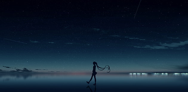 gadis anime, langit, siluet, twintail, bintang, Wallpaper HD HD wallpaper