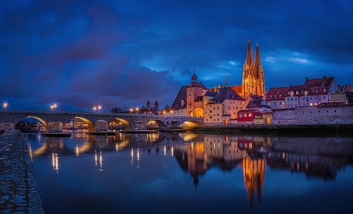 Regensburg, noite, cidade, paisagem urbana, Alemanha, HD papel de parede