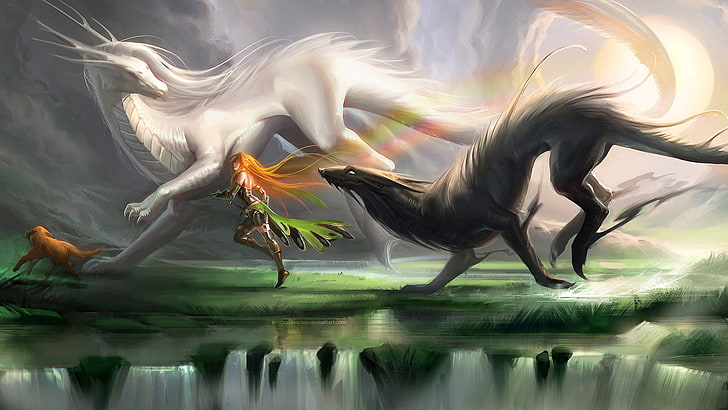 женщина, бегущая между черными и белыми животными иллюстрация, фэнтези арт, существо, любовь, дракон, HD обои