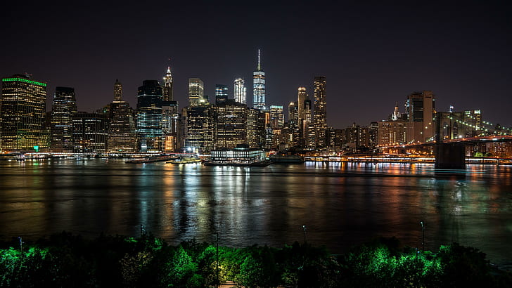 paysage urbain, new york city, Horizon, ville, réflexion, métropole, nuit, New York, pont de Brooklyn, Manhattan, gratte-ciel, eau, Pavillon, ciel, centre ville, lumières de la ville, Fond d'écran HD