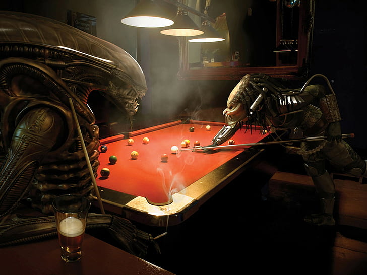 Funny Alien play pool, red and gray pool table, funny, predator, pool, play, alien, HD wallpaper