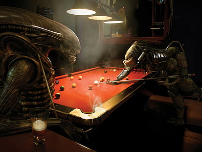 Funny Alien play pool, red and gray pool table, funny, predator, pool, play, alien, HD wallpaper HD wallpaper