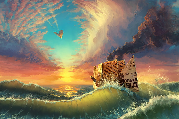 paper boat and sea waves painting, nature, landscape, ship, water, sea, clouds, digital art, paper planes, paper boats, smoke, waves, sunset, colorful, Russian, paper, contrails, USSR, artwork, HD wallpaper