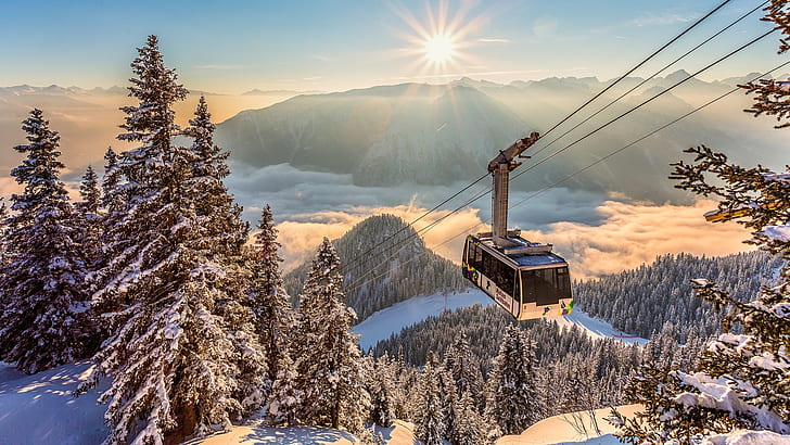 winter, the sun, clouds, rays, snow, landscape, mountains, nature, ate, Alps, the trailer, forest, Cabinet, cable car, Torsten Muehlbacher, HD wallpaper