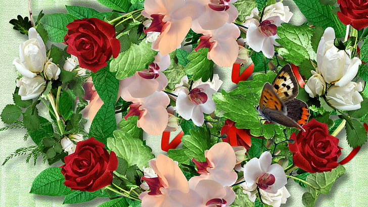 Rosor Fjärilar, papillon, löv, gräs, ljusa, fjäril, blommor, färgglada, röda rosor, säsong, fjärilar, orchi, HD tapet
