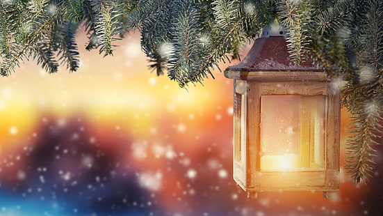 latarnia, światło świec, światło, światło świec, świeca, opady śniegu, śnieg, lampki choinkowe, Boże Narodzenie, Boże Narodzenie, Tapety HD HD wallpaper